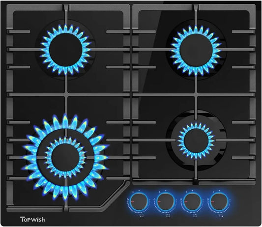 TOPWISH Piano Cottura a Gas da Incasso, 4 Fuochi, Manopole Illuminate Blu, Convertibile NG/LPG, Protezione Anti-Spegnimento, Accensione Elettronica, 8000 Watt
