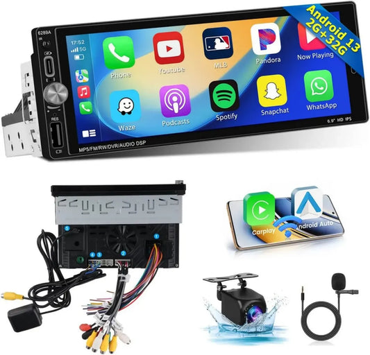 Autoradio 1 Din Android con Carplay e Android Auto, Schermo 6.9 Pollici, Bluetooth e WiFi