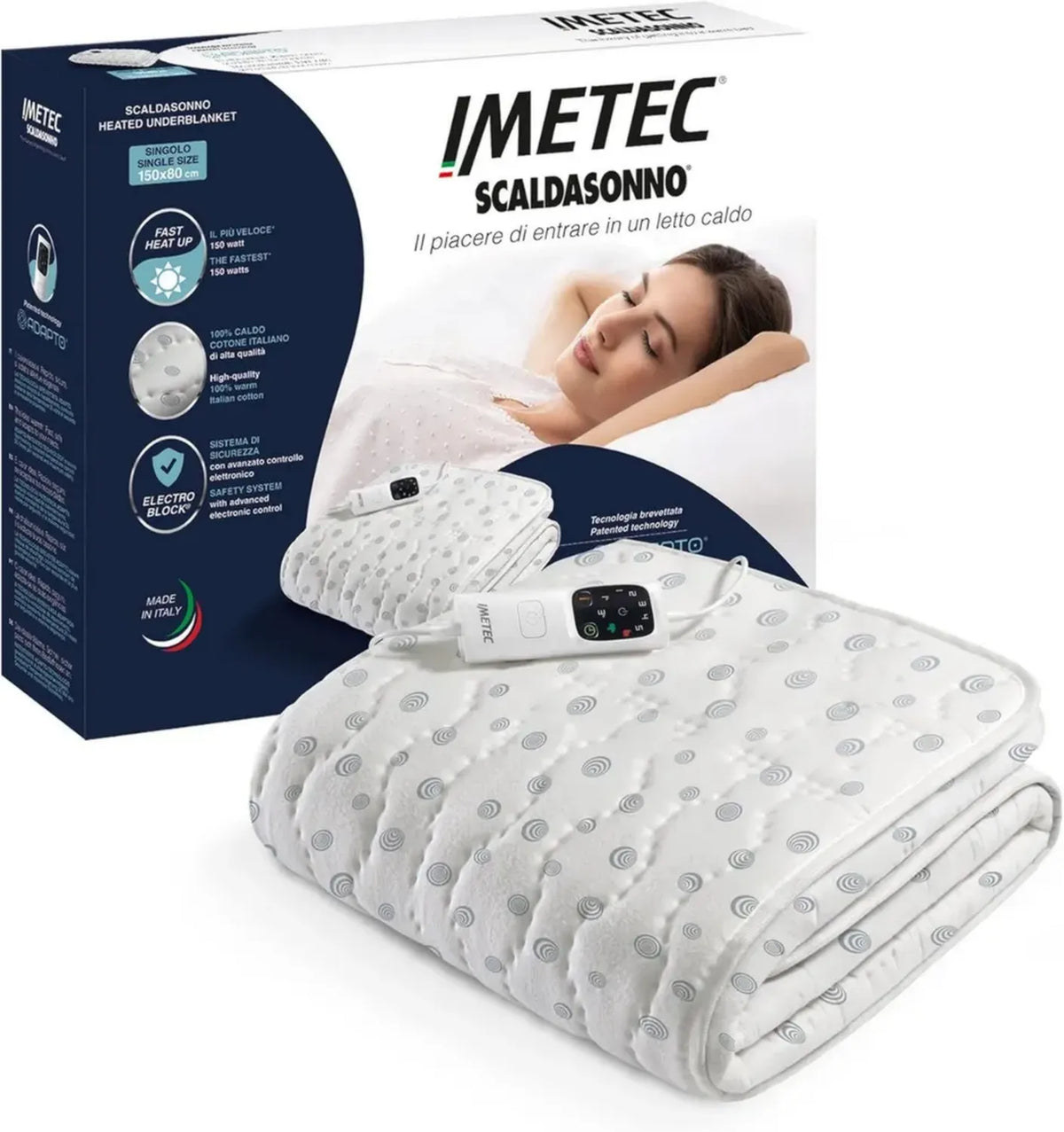Coperta Termica Adapto Singola Imetec, 150x80 cm, Consumo Ridotto, Riscaldamento Veloce, Temperatura Regolabile, 100% Cotone, Prodotta in Italia