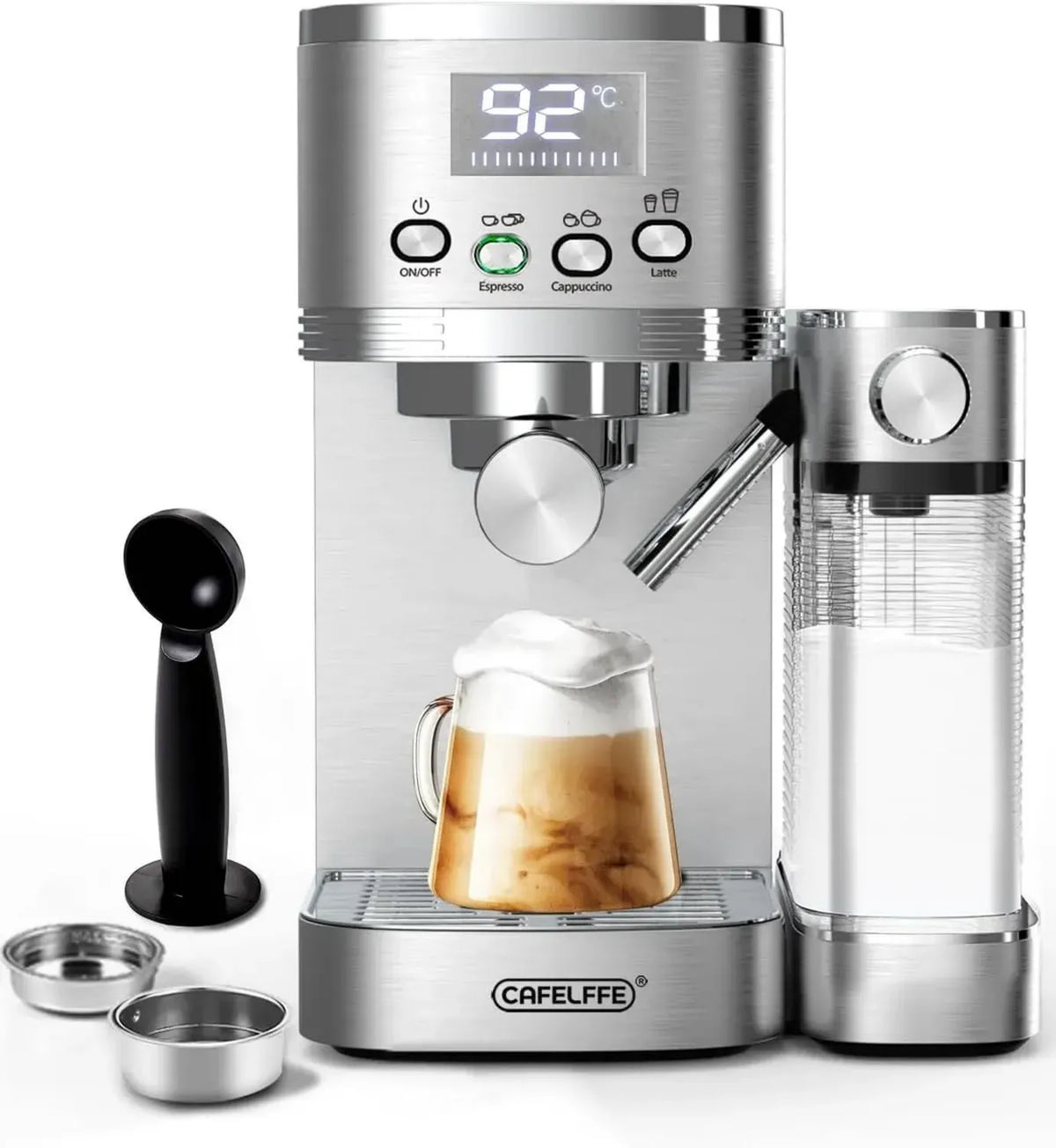 Macchina da Caffè Espresso 6 in 1 con Montalatte e Autopulizia, Tre Impostazioni di Temperatura, Acciaio Inox 1,3L