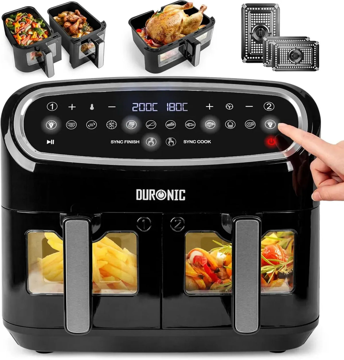 Friggitrice ad Aria XXL Duronic AF34BK, 2400W, Fornetto Elettrico con Cestelli Multipli, Cottura Sana Senza Olio, Sincronizzazione Automatica