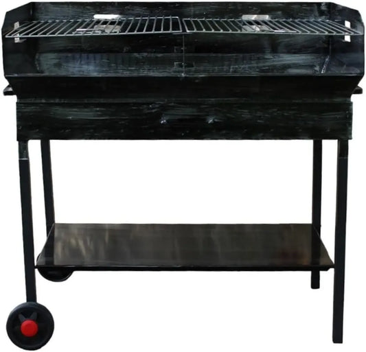 Griglia a Carbone e Legna in Ferro con Ripiani e Ruote, Altezza Regolabile, Griglia Acciaio 90x45 cm