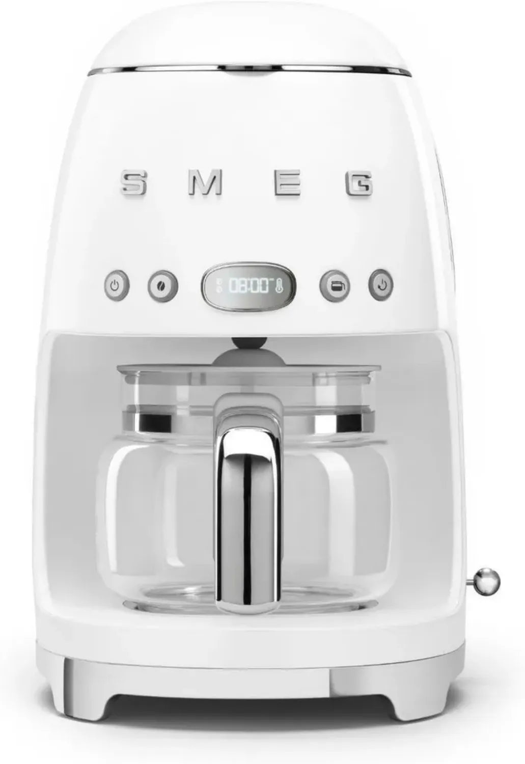 Smeg, Macchina da Caffè a Filtro con Aroma Ottimizzato, Avvio Programmato, Caraffa Vetro 12 Tazze, Intensità Regolabile, Funzione Mantenimento Caldo, 1050W, Bianco