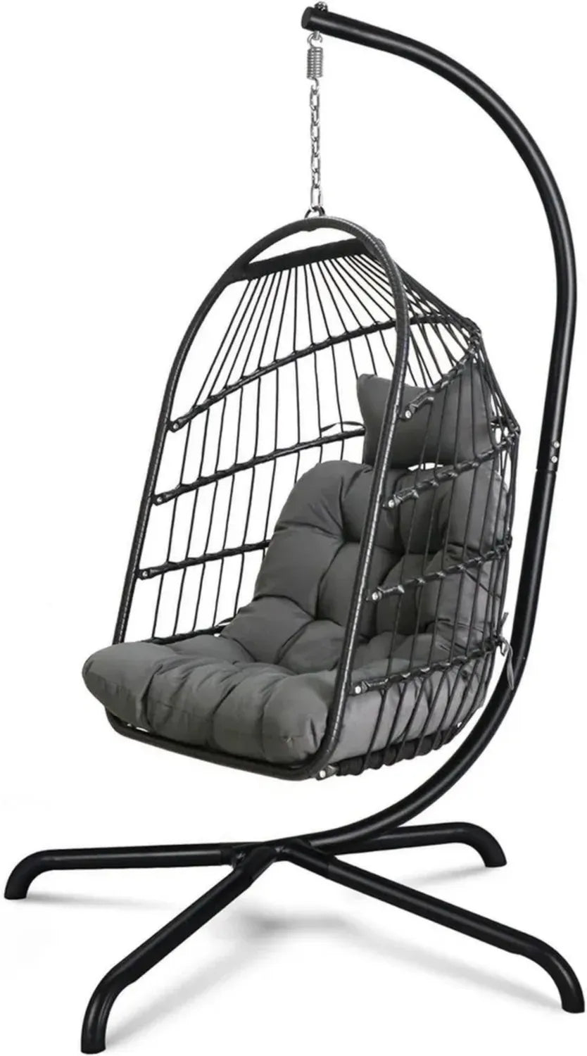 Poltrona sospesa a uovo in rattan con cuscino e base resistente, ideale per interni ed esterni, capacità 150 kg