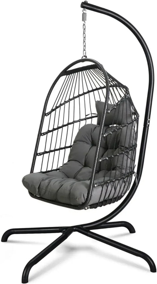 Poltrona sospesa a uovo in rattan con cuscino e base resistente, ideale per interni ed esterni, capacità 150 kg