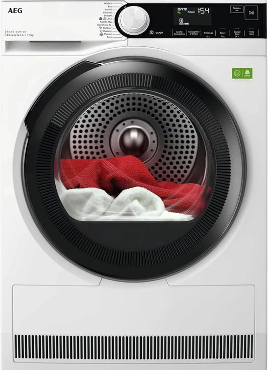 AEG Asciugatrice 8000, 9 kg, Pompa di Calore, Classe A, 12 Programmi, AbsoluteCare e Sensori Umidità