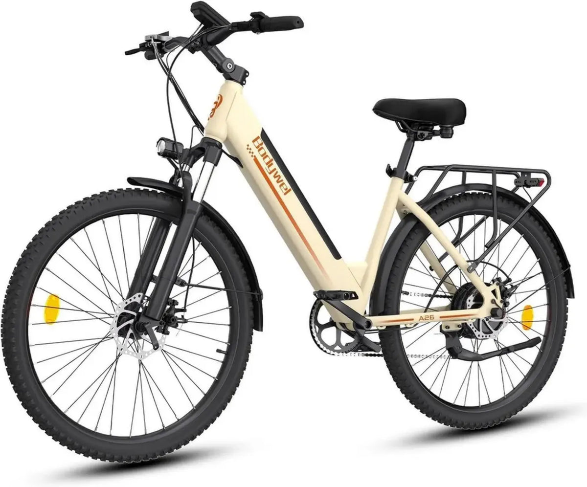 Bodywel E-Bike Uomo 26', 250W Motore, Batteria 36V 13Ah Rimovibile, Autonomia 35-60 km, 7 Velocità, Freni a Disco, Bicicletta Elettrica da Città