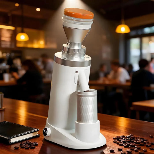 Macina Caffè Elettrica, 64mm e 63mm in Acciaio Inox, Controllo Velocità 300-1500 RPM, Per Espresso, Drip, Cold Brew e French Press, Bianco