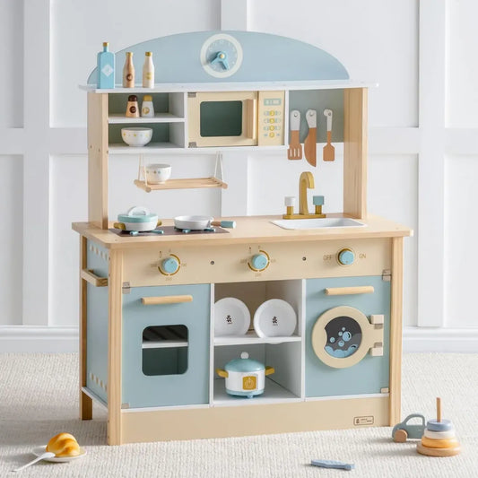 Cucina giocattolo in legno per bambini con accessori completi, include forno a microonde, lavatrice e stoviglie