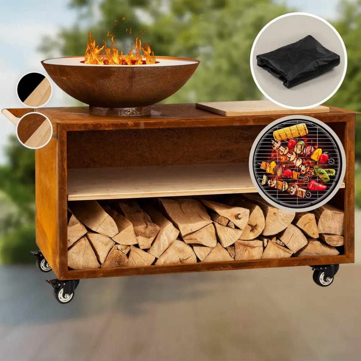 blumfeldt Savage 2.0 - Barbecue Multifunzione con Superficie di Lavoro, Tagliere in Bambù e Rotelle, Acciaio Resistente, 128x90x59 cm, Design Wide