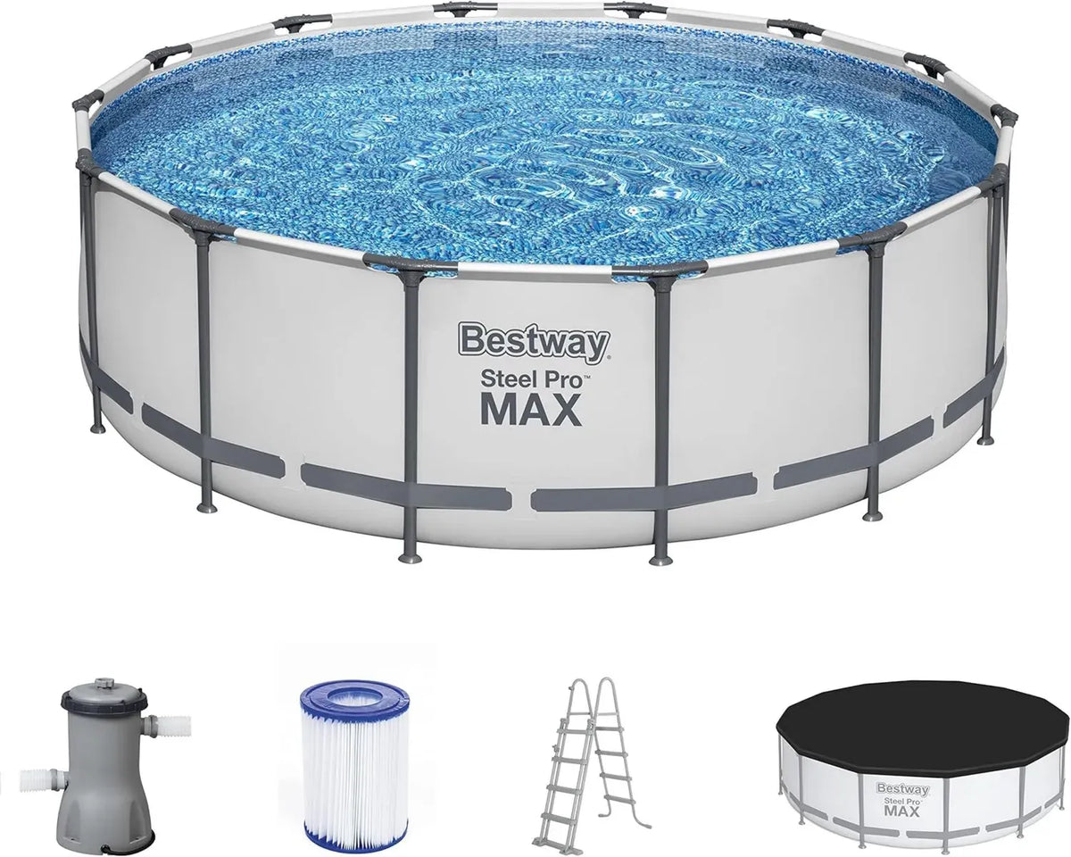 Piscina Fuori Terra Bestway Frame PRO Max Ø 427 x 122 cm con Filtro, Grigio Chiaro, Rotonda