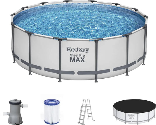 Piscina Fuori Terra Bestway Frame PRO Max Ø 427 x 122 cm con Filtro, Grigio Chiaro, Rotonda