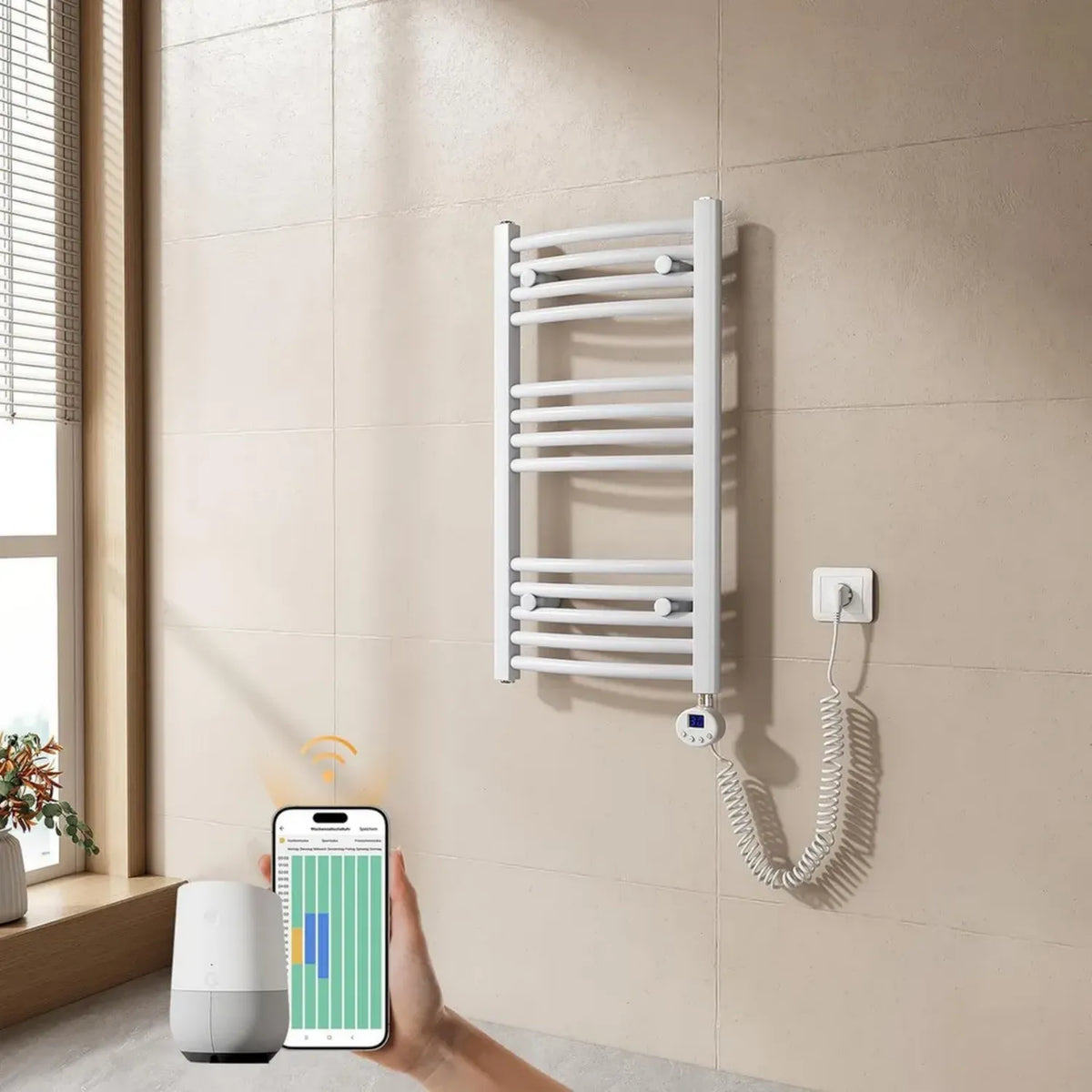 Radiatore Scaldasalviette Elettrico per Bagno con WiFi, 250W, 75x40 cm, Termostato Curvo, Bianco