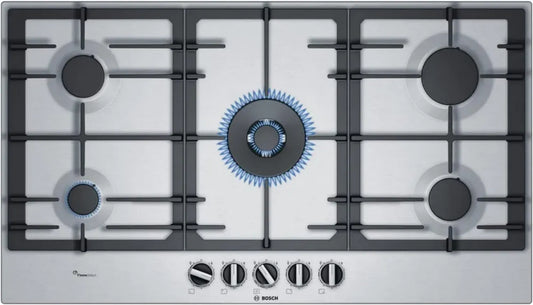 Bosch Serie 6 Piano Cottura Gas 90 cm, FlameSelect 9 Livelli, Funzione WOK, Griglie Ghisa
