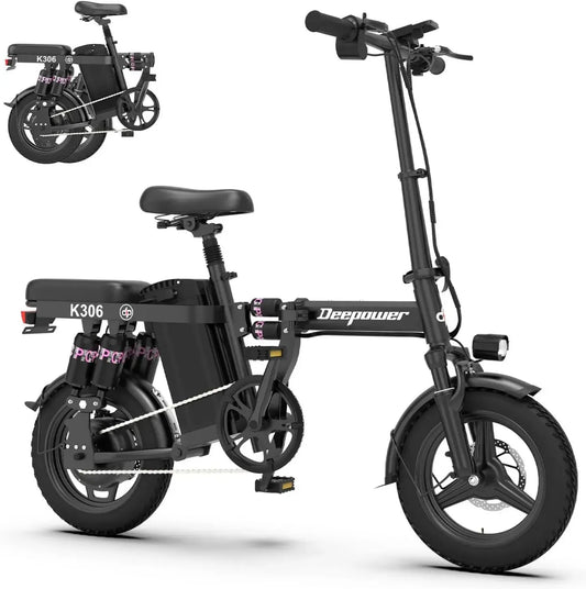 Bicicletta Elettrica Pieghevole DEEPOWER 14', Batteria Rimovibile 48V, Motore 250W, Freni a Disco, Ideale per Pendolari