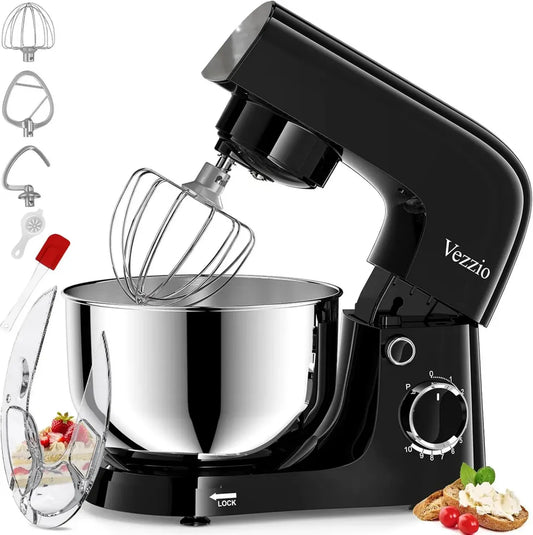 Impastatrice Planetaria Vezzio 4.5L, Robot da Cucina Multifunzione, 10 Velocità per Impasto Pizza con Gancio, Frusta e Sbattitore (Nero)
