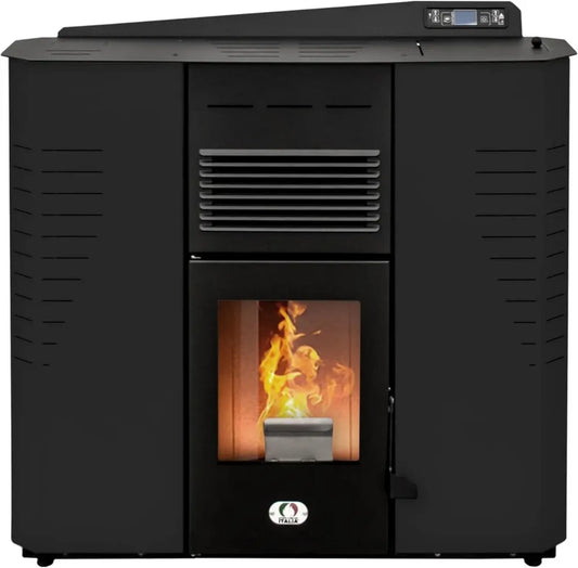 Stufa a Pellet Marmolada 14KW - Alta Efficienza, 130m² Riscaldamento, Autonomia 19 Ore, Design Compatto Nero