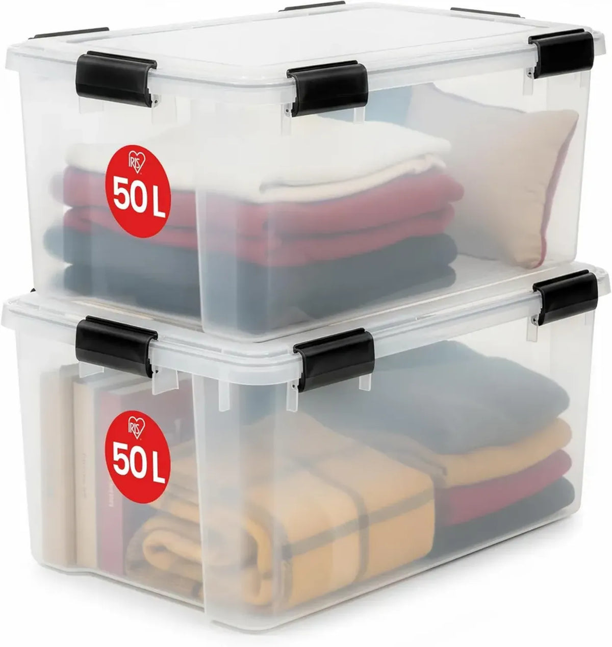 Iris Ohyama Contenitori Ermetici in Plastica, Set 2x50L, Trasparenti, Coperchio impermeabile e impilabile