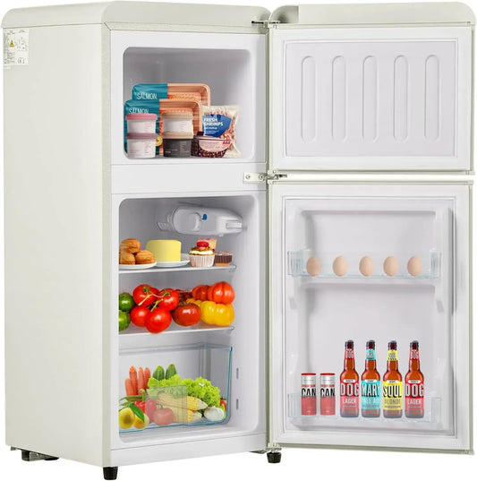 Frigorifero Combinato Compatto da 60L con Luce LED e Ripiani Rimovibili, Mini Frigo per Camera con Freezer Separato, Consumo 102 kWh/anno, Bianco