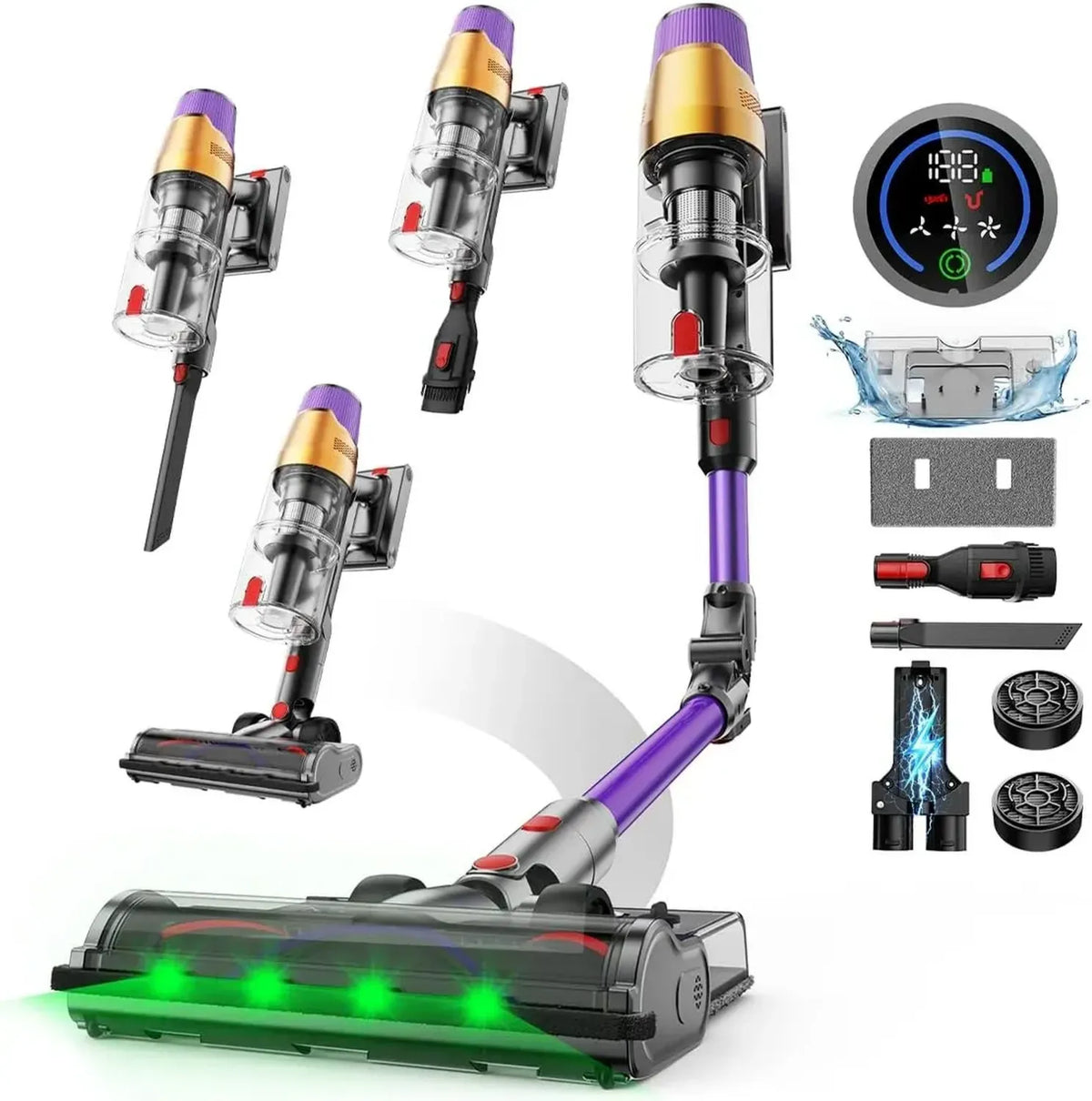 Linkifly A12 Aspirapolvere Senza Fili, 550W, 48Kpa, Combo 8 in 1 con Lavapavimenti, Schermo Touch, 70 Minuti di Autonomia, Ricarica a Parete, per Casa e Auto