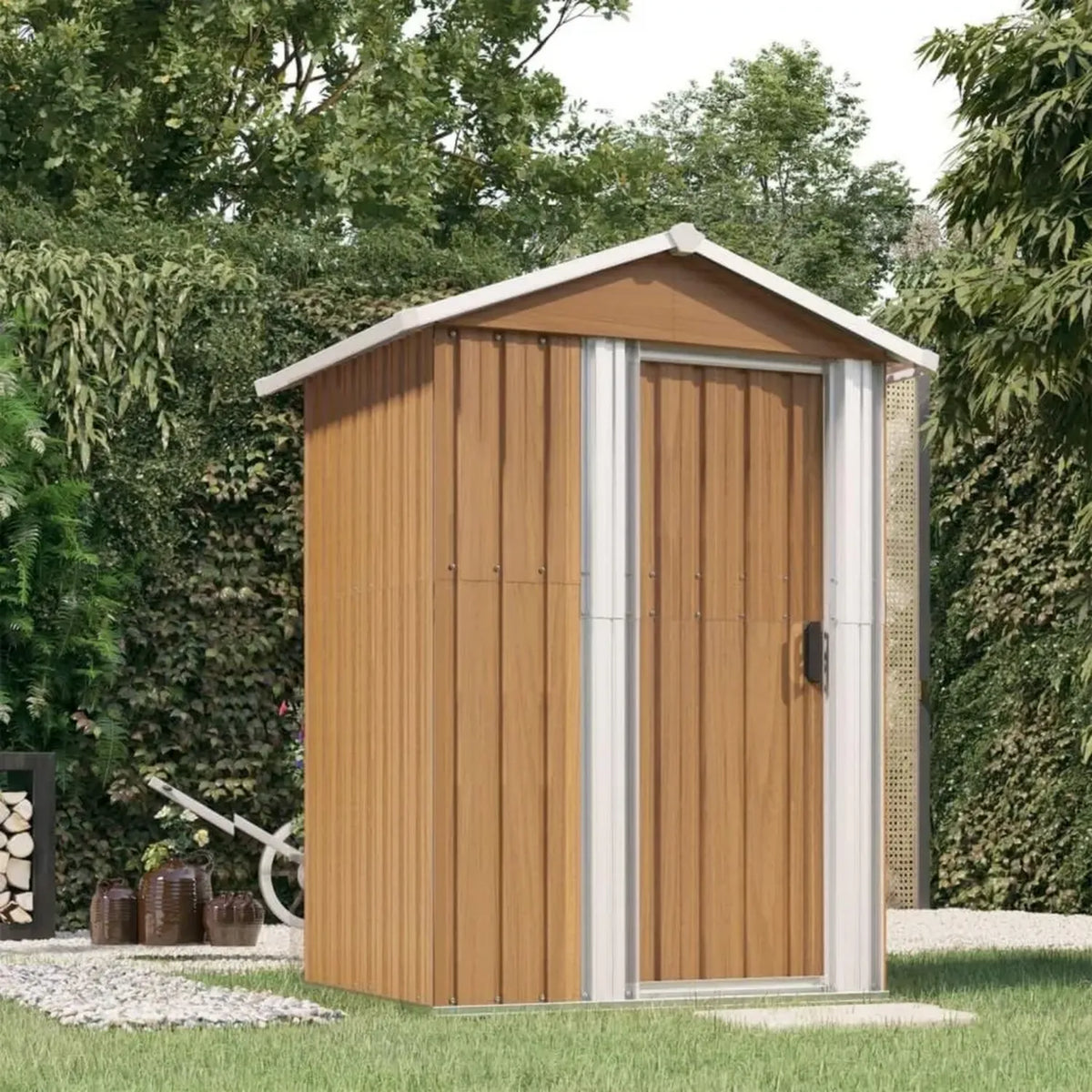 Capanno in Acciaio Zincato per Giardino 126x97,5x177 cm, Marrone con Porta Scorrevole, Spazio per Attrezzi e Accessori