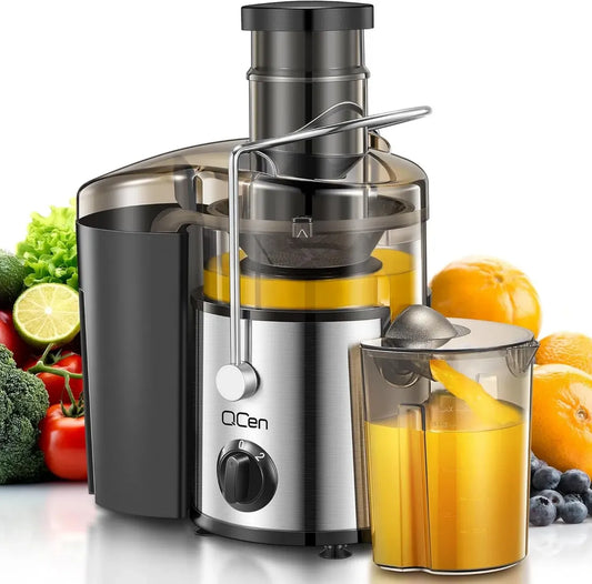 Estrattore di Succo QCen 500W, Acciaio Inox Senza BPA, Apertura Extra-Large 3 Pollici, Facile Pulizia, Ideale per Frutta e Verdura