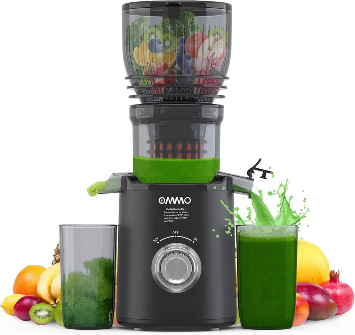 OMMO Estrattore di Succo Professionale 300W, A Bocca Larga 148mm, Senza BPA, Con 2 Contenitori, Nero