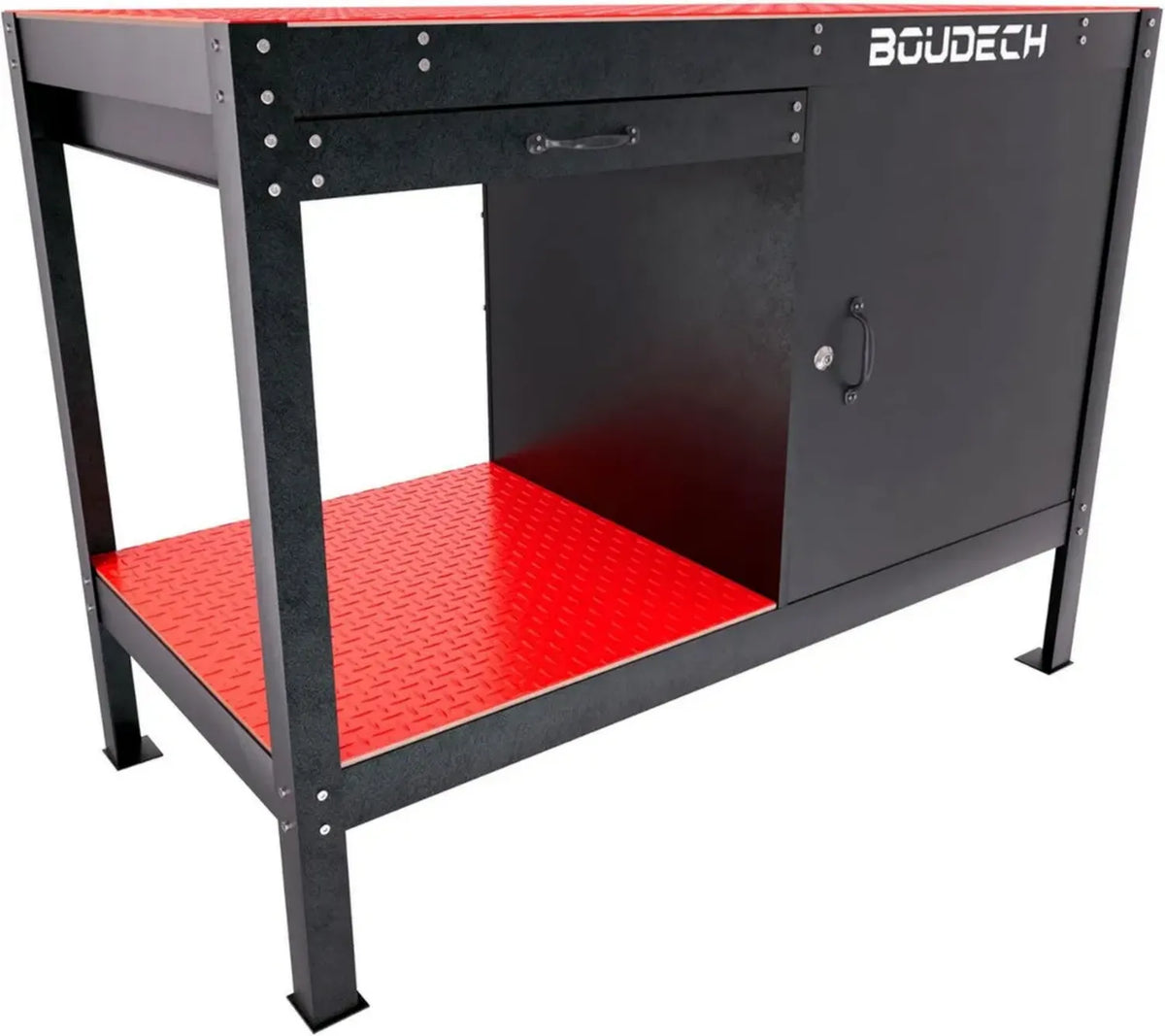 Banco da Lavoro in Metallo con Cassetto e Ripiano Aperti, 120x60 cm, Nero