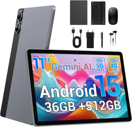 Tablet Android 11'' 4G LTE/5G, 36GB RAM, 512GB ROM, Espansione 1TB, Gemini AI, 9580mAh, Fotocamere 13MP+8MP, BT 5.0, GPS, Schermo Diviso, Face ID, Tastiera Inclusa, Grigio
