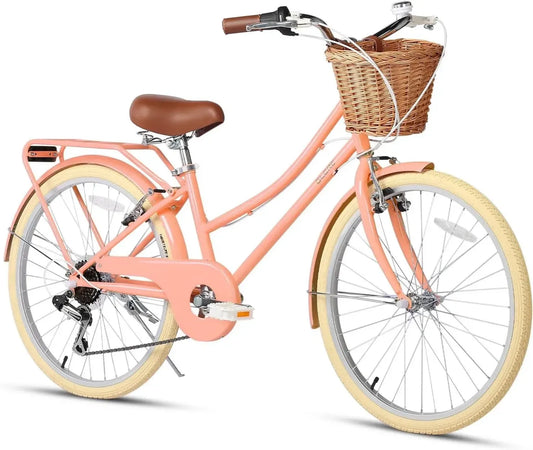 Bicicletta Cruiser 6 velocità per Ragazze 20-26 pollici con Cestino in Vimini, Ideale per Bambini sopra i 6 Anni, Multicolore