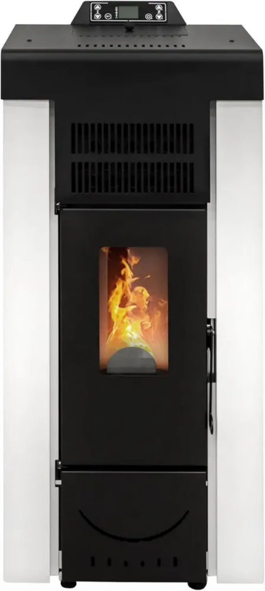 Stufa a Pellet Ventilata Niagara 14KW per 130m², Efficienza 89%, Autonomia 15 Ore, Programmabile, 5 Velocità, Bianco, Garanzia 24 Mesi