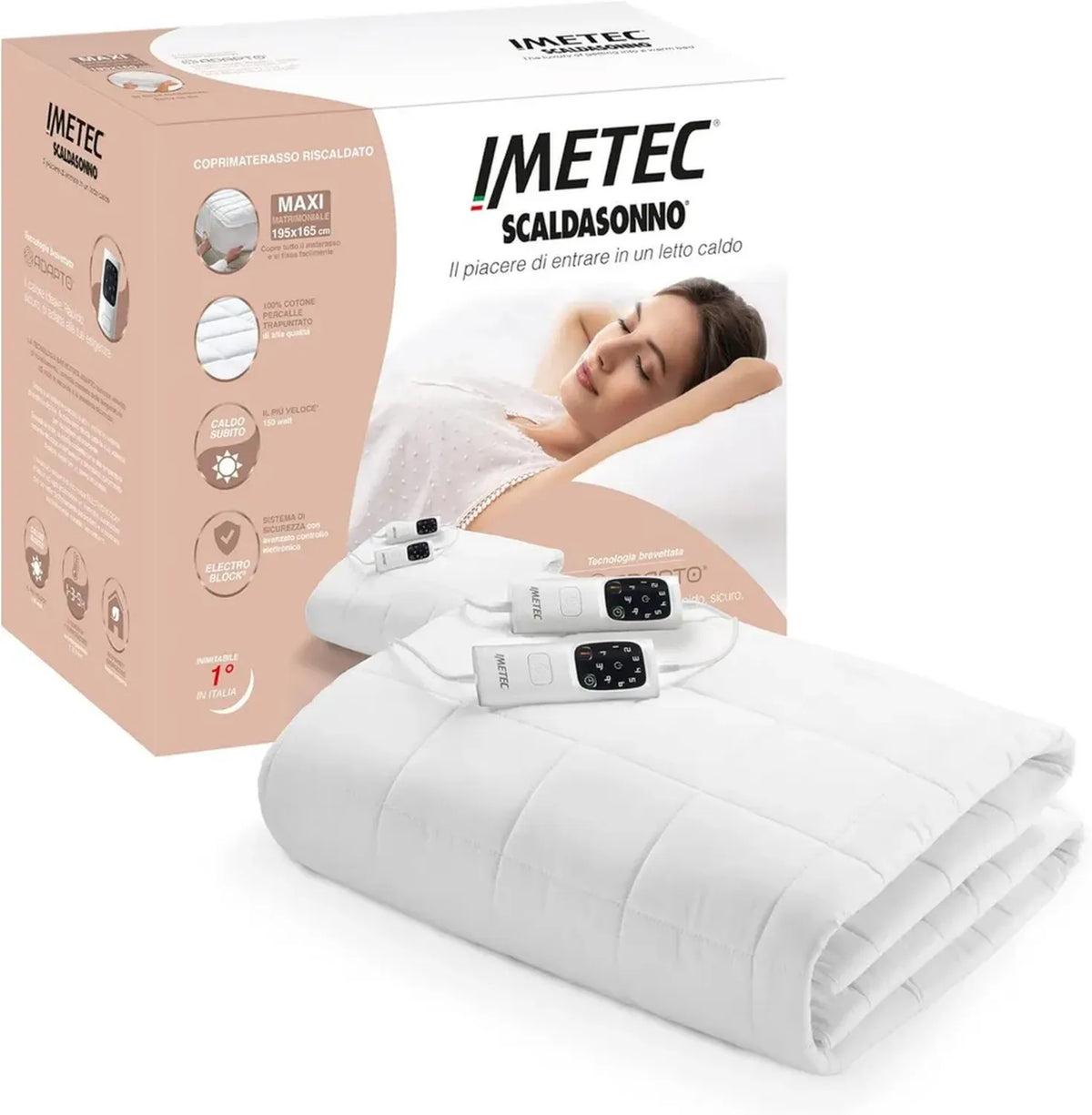 Coperta Termica Matrimoniale Imetec Scaldasonno Adapto Maxi 195x165 cm, Risparmio Energetico, Riscaldamento Veloce, 6 Livelli di Temperatura, Doppio Controllo, 100% Cotone Percalle