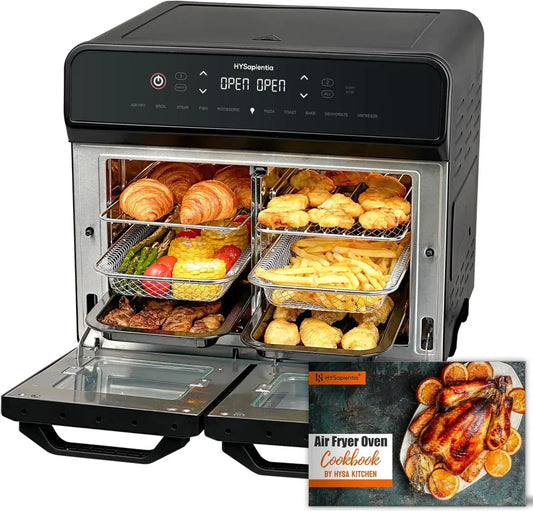 Friggitrice ad Aria 22L con Doppio Cestello, 2400W in Acciaio Inossidabile, 10 Programmi, Forno Multifunzionale con Funzione Girarrosto