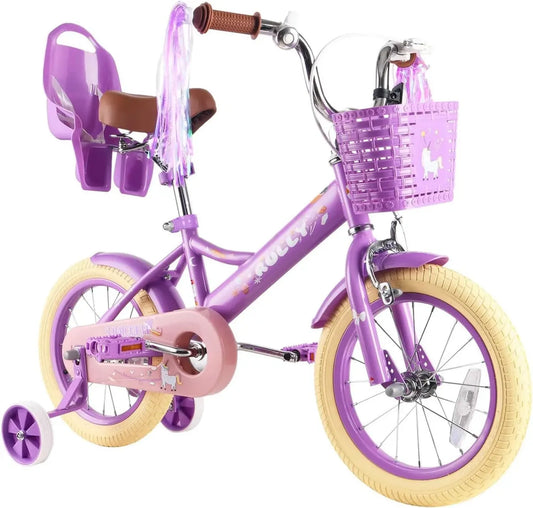 Bicicletta per Bambine 12-16 Pollici con Stabilizzatori, Freni, Cestino e Nastri