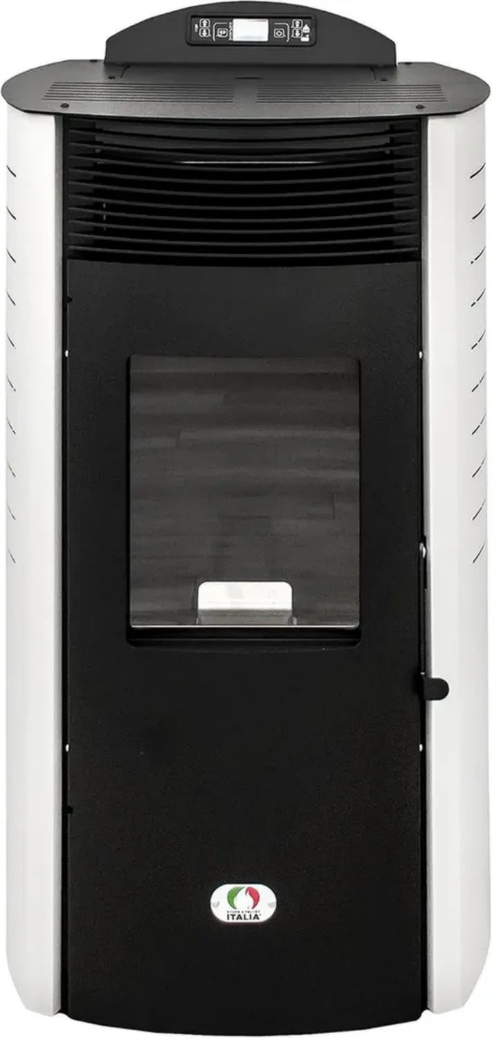 Stufa a Pellet Ventilata 15 KW Siberia Aria, Copertura 140m², Efficienza 92%, Autonomia 30 Ore, Programmabile, 5 Velocità, Garanzia 2 Anni, Bianco