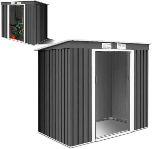 Capanno da Giardino in Lamiera con Tetto a Due Spioventi e Base Inclusa, Doppia Porta Scorrevole e Finestre di Ventilazione, Grigio, 213x130x173 cm