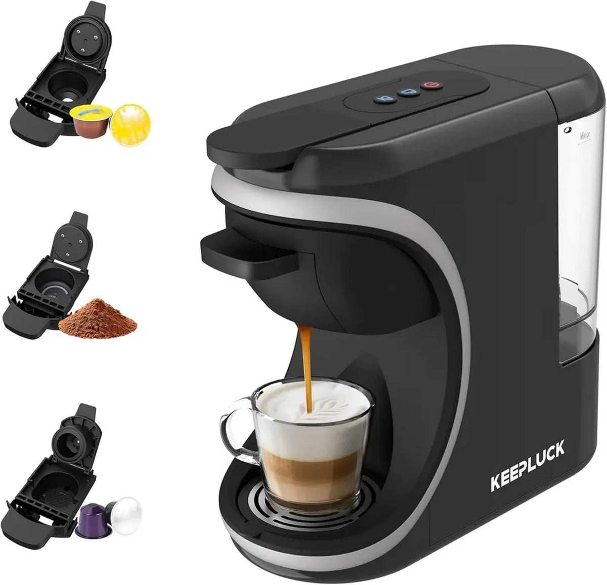 Macchina da caffè 3 in 1 compatibile con capsule e polvere, compatta e salvaspazio, nera