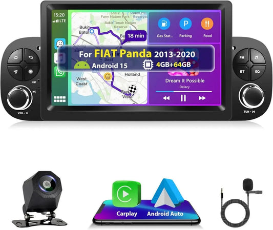 Autoradio Carplay 4+64G per Fiat Panda 2013-2020 con Android Auto, Bluetooth, Navigazione GPS, WiFi e Telecamera Retrovisore
