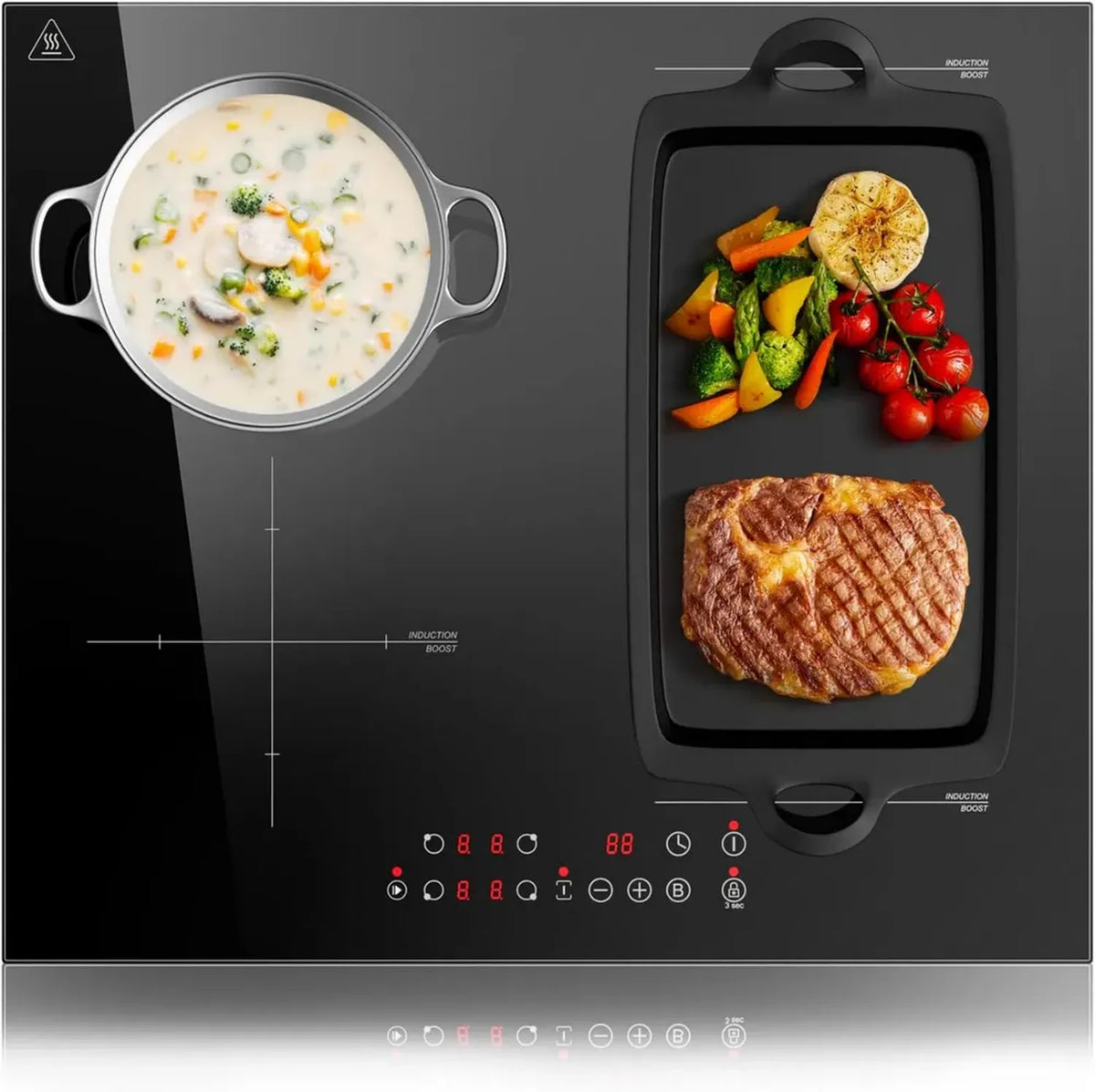 Piastra Induzione 4 Zone Flex, 60cm Incasso, Booster 6000W, 9 Livelli con Timer e Touch