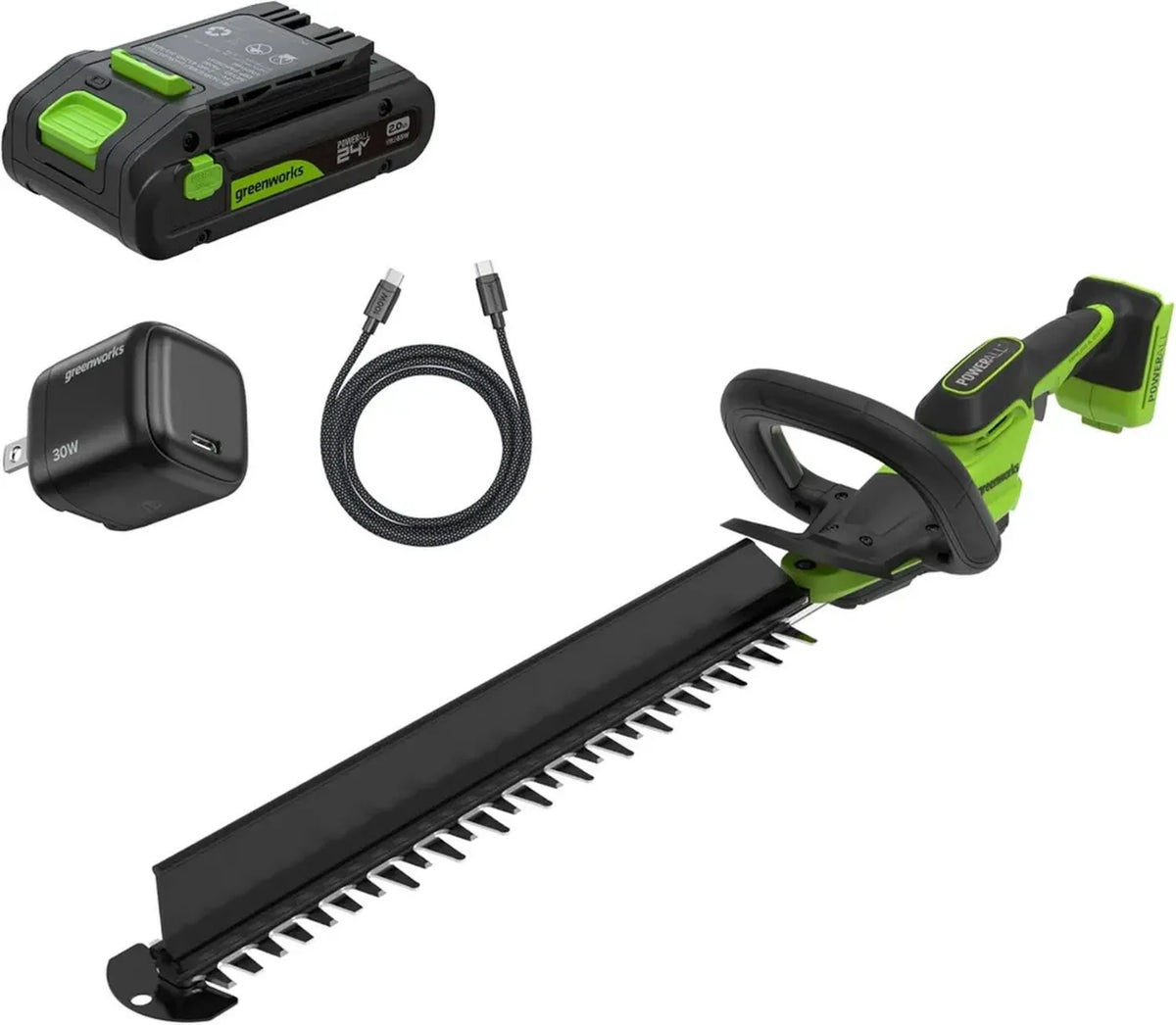 Cesoia a Batteria 24V Greenworks 51cm con Batteria 2.0Ah, Motore Brushless, Lama Doppia Azione 28mm, Include Hedge Sweeper e Caricabatterie USB-C