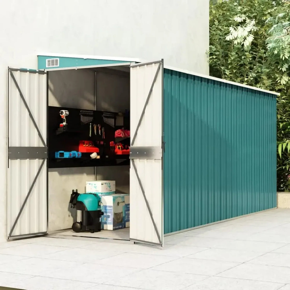 Capanno da Giardino in Acciaio Zincato Verde 118x382x178 cm con Porta Attrezzi