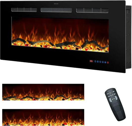 Caminetto elettrico da incasso e a parete, 107cm, telecomando, 13 colori di fiamma, legno e cristallo, timer 9 ore